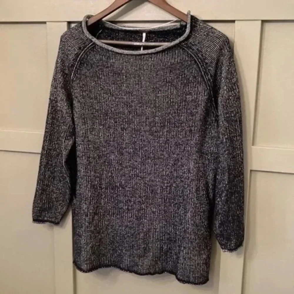 Free People Lenox Tunic Sweater Black & Gray Oversized Cozy Knit Size XS